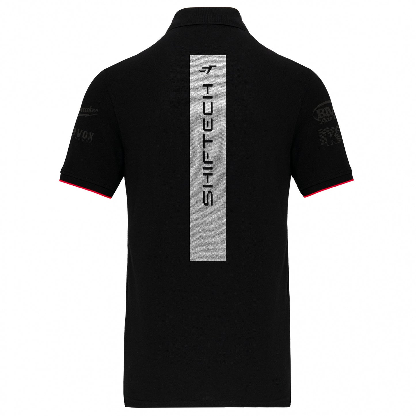 POLO NOIR DÉTAILS ROUGE MANCHES COURTE IMPRIMÉ DOS BANDE BLANCHE SHIFTECH - UNISEXE