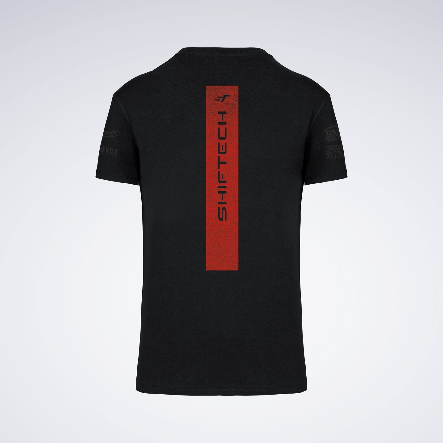 T-SHIRT NOIR MANCHES COURTES IMPRIMÉ DOS BANDE ROUGE SHIFTECH - UNISEXE