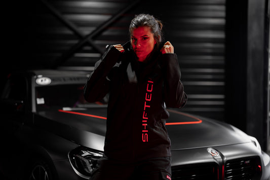 VESTE NOIR À CAPUCHE AMOVIBLE IMPRIMÉ DOS SHIFTECH ROUGE