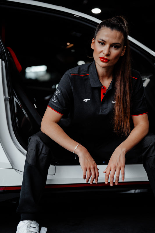 POLO NOIR DÉTAILS ROUGE MANCHES COURTE IMPRIMÉ DOS BANDE BLANCHE SHIFTECH - UNISEXE