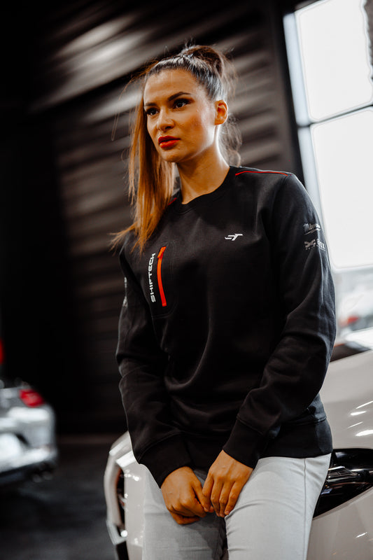 PULL NOIR ATELIER DÉTAIL ROUGE IMPRIMÉ DOS BANDE BLANCHE SHIFTECH - UNISEXE