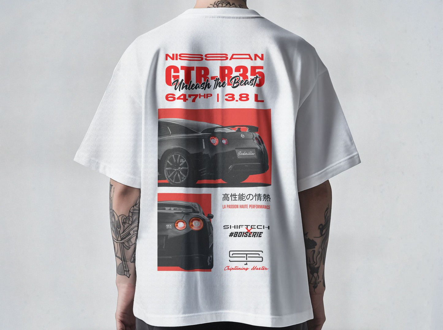 T-SHIRT BLANC MANCHES COURTES NISSAN GTR SHIFTECH X BOISERIE - UNISEXE