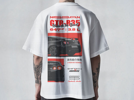 T-SHIRT BLANC MANCHES COURTES NISSAN GTR SHIFTECH X BOISERIE - UNISEXE