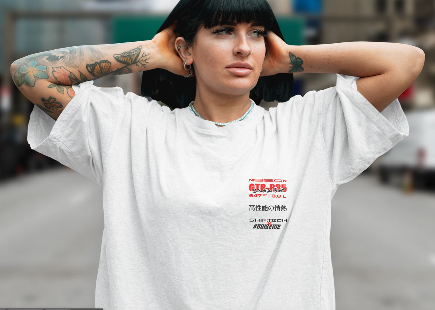 T-SHIRT BLANC MANCHES COURTES NISSAN GTR SHIFTECH X BOISERIE - UNISEXE